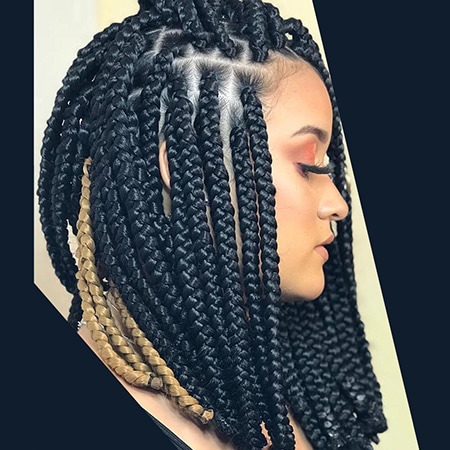 Shoulder length ebony black box braid hair color on african woman.
