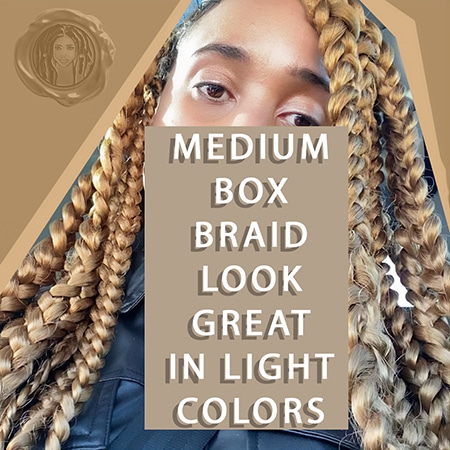 Light skinned african girl model with jumbo medium box braids hair extensions.