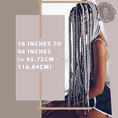 Info graphic with black female wearing long white box braids to show long box braid hair sizes