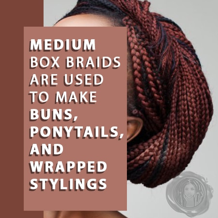 Medium box braided burgundy hair sizes half up in a bun hairdo