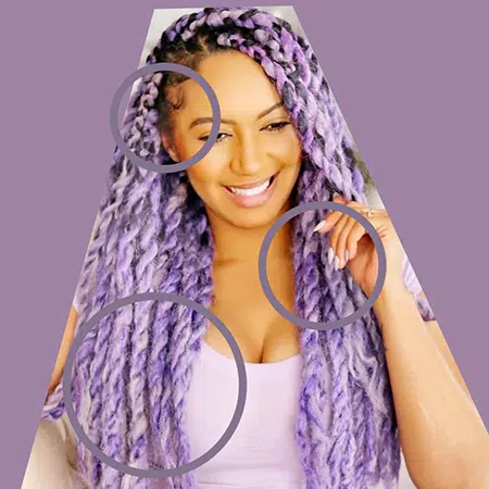 Happy smiling lightening african woman with purple black two strand twist with regular routine hair twist maintenance.