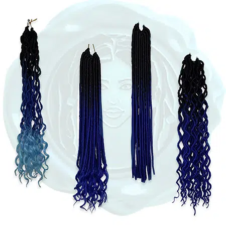 Blue and cyan colored faux locs crochet pre looped hair.