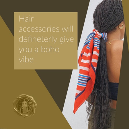 Black girl with beautful boho braid hairstyles natural hair and synthetic hair with braid accessories.