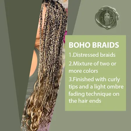 Boho braids info graphic for creating your own bohemian boho box braid hairstyle of your own from this tutorial.