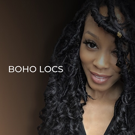 African american model on header graphic for bobo locs crochet faux hair extensions