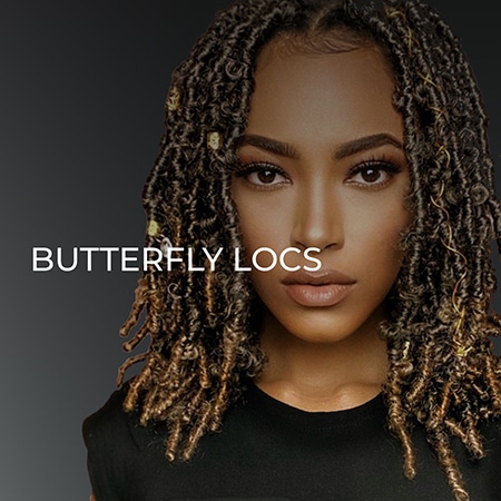 Butterfly locs crochet faux hair extensions header graphic with black female model
