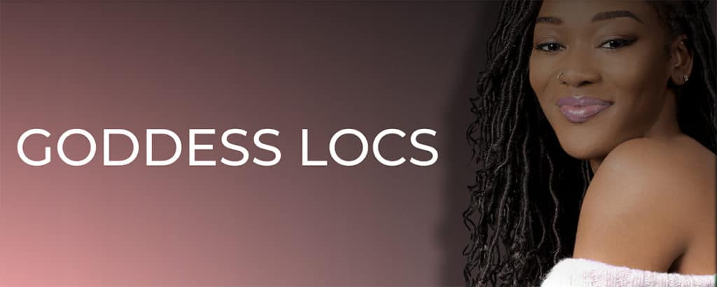 Goddess faux locs styles with beautiful african american female as the main header graphic.