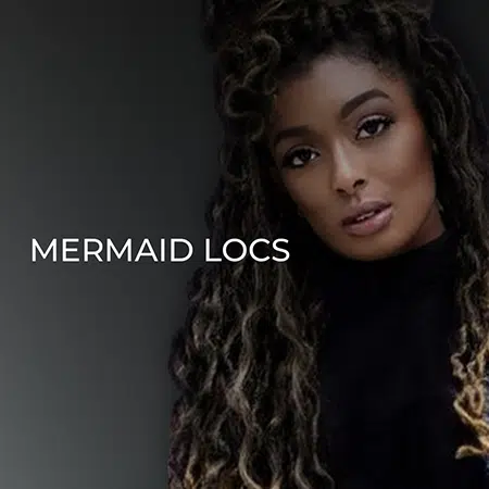 Mermaid locs header graphic with light skinned african american female model.