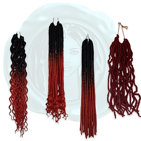 Four bright red crochet faux locs hair extensions for adding into cornrows or box braids