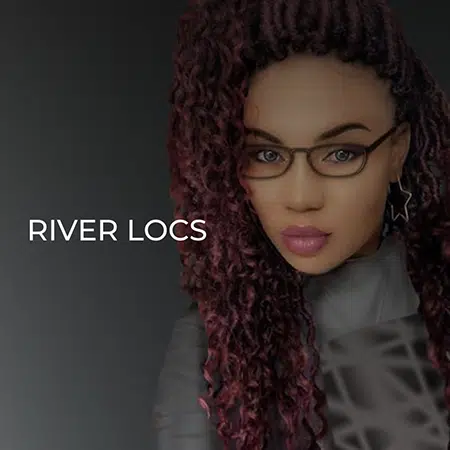 Burgundy river locs crochet faux locs hair on white female american girl.