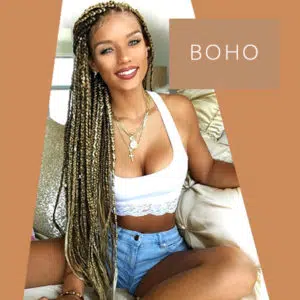 Bohemian faux locs header graphic image with beautiful boho braids hairstyle