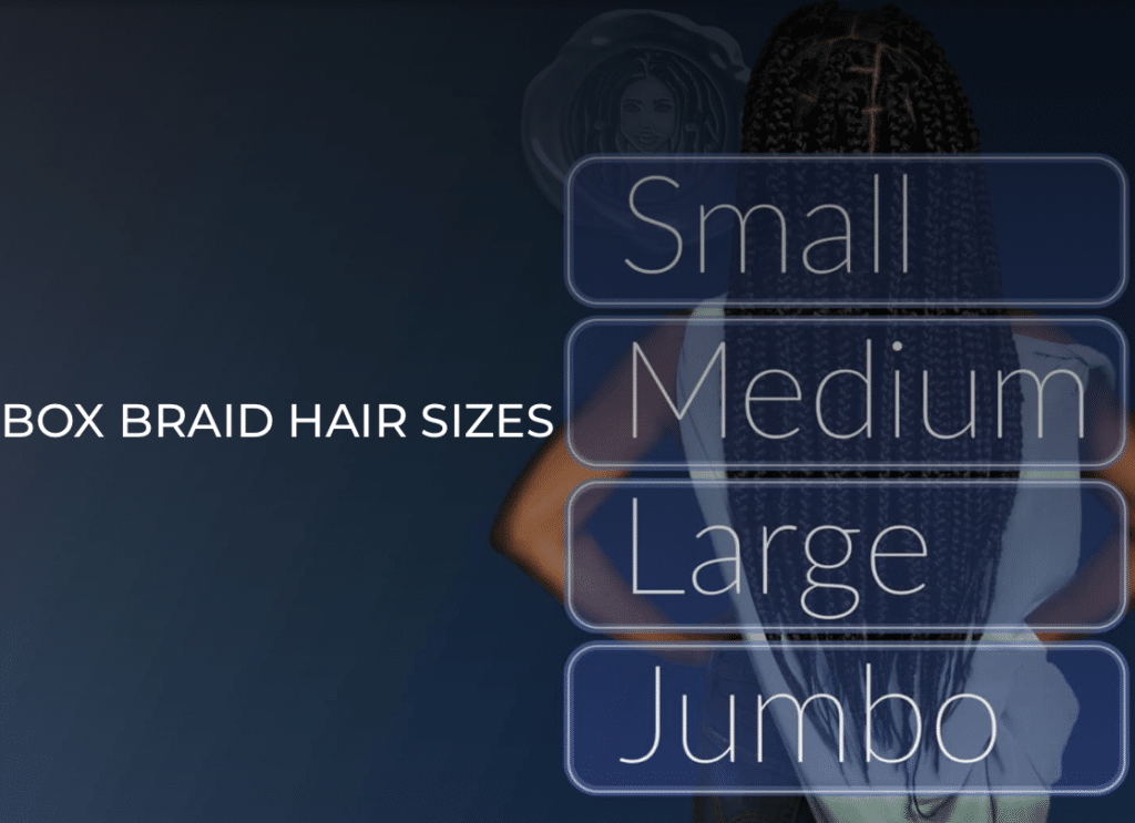 Info graphic for box braid hair length and sizes graphic image.
