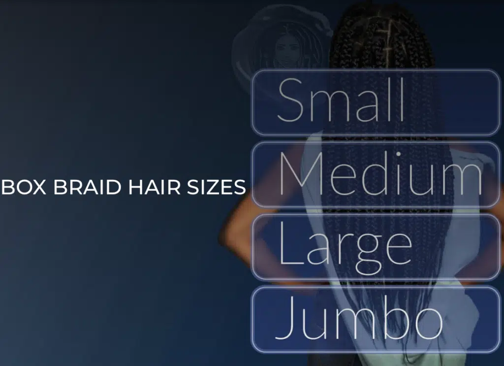 Info graphic for box braid hair length and sizes graphic image.