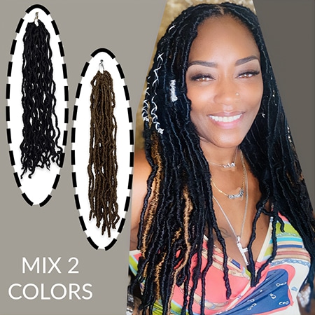 Two colors of nu locs 18 inch hair extensions on pretty black girl model with faux loc hair accessories.