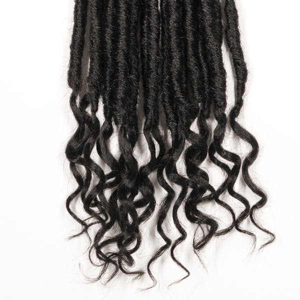 Crochet pre looped black soul goddess locs 20 inch hair tips close up - crochet faux locs