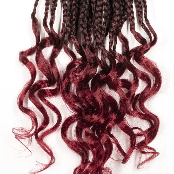 Burgundy box braids 18 inches close up of goddess hair tips.