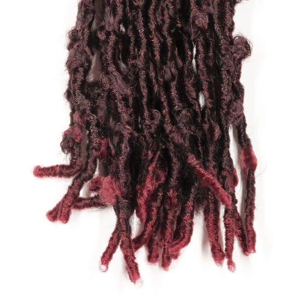 Crochet pre looped burgundy butterfly locs 12inch hair tips close up - crochet faux locs