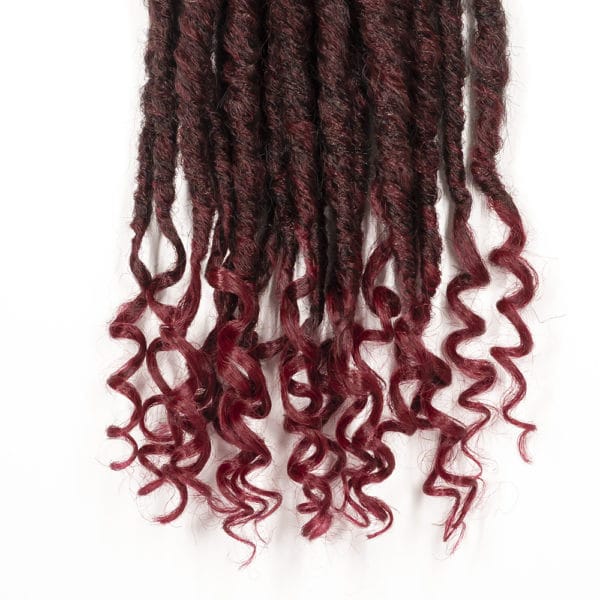 Crochet pre looped burgundy ghana locs 18 inch hair tips close up - crochet faux locs