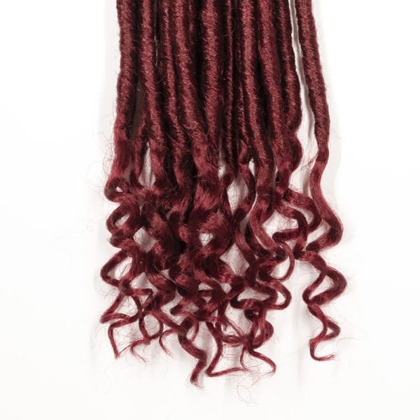 Crochet pre looped burgundy soul goddess locs 20 inch hair tips close up - crochet faux locs