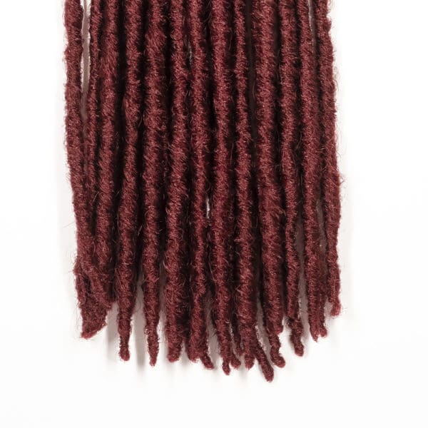 Crochet pre looped burgundy straight gypsy strands locs 18 inch hair tips close up - crochet faux locs