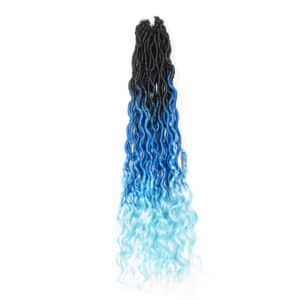 3 tone pre looped wavy goddess locs with deep wave in deep blue that fades with an ombre technique into cyan.