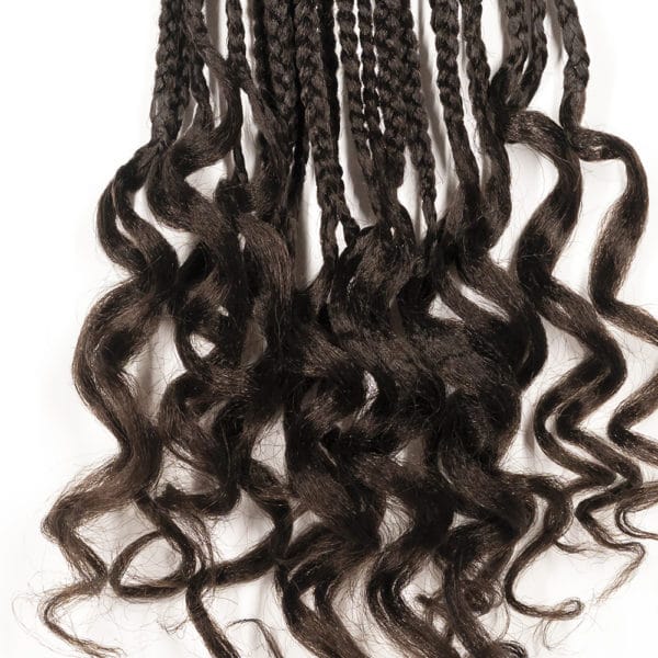 Dark brown box braids 18 inches close up on the goddess hair tips that are curled.