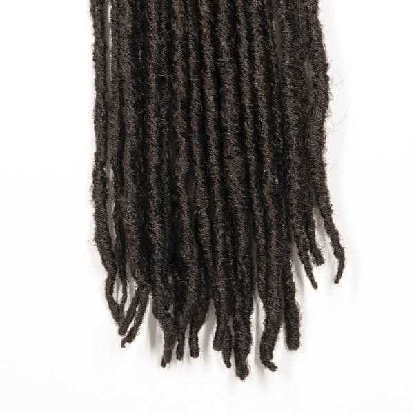 Crochet pre looped dark brown straight gypsy strands locs 18 inch hair tips close up - crochet faux locs