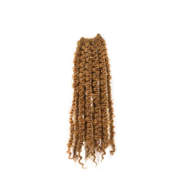 Honey blonde california butterfly loc hairstyle pack with 20 strands handing on white background.