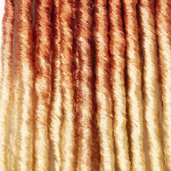 Crochet pre looped three tone auburn blonde straight gypsy strands locs 18 inch close up - crochet faux locs