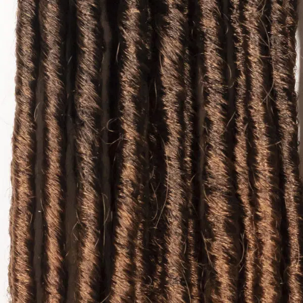 Crochet pre looped three tone dark brown auburn color straight gypsy strands locs 18 inch close up - crochet faux locs