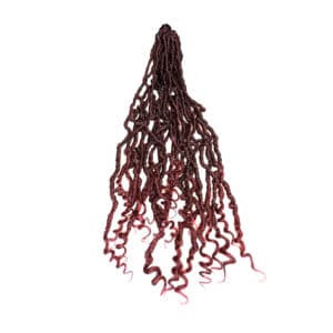 Burgundy goddess nu locs crochet hair extensions pack hanging on white background with open curly hair tips.