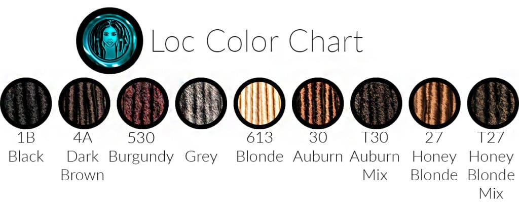 Available loc color options for selection all in one graph including black, blonde, honey blonde, burgundy, dark brown, medium auburn, and honey blonde mix.
